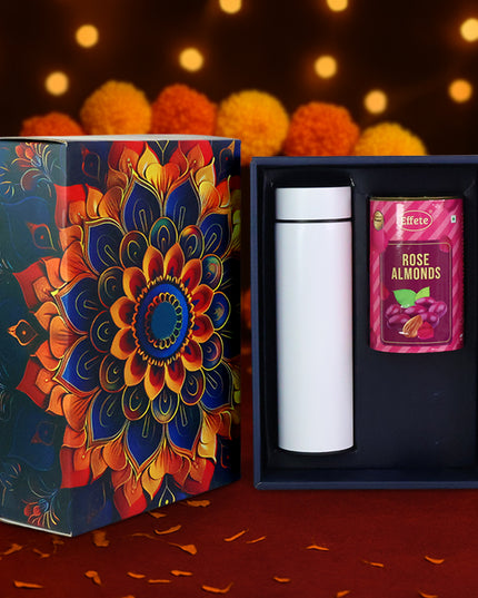 Effete Rose Almonds Gift Hamper Golden With Bottle (2 Pc Set)