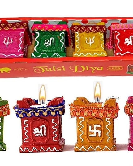 Set of 4 Clay and Terracotta Colourful Hand Painted Puja Tulsi Diya Candle for All Kind of Festival Diwali, Navratri for Home Decoration (Multicolour)