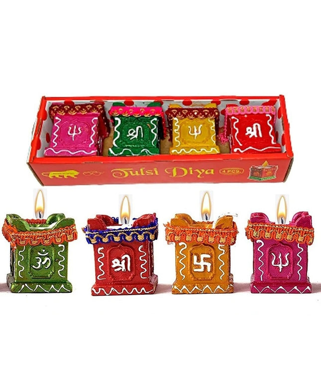Set of 4 Clay and Terracotta Colourful Hand Painted Puja Tulsi Diya Candle for All Kind of Festival Diwali, Navratri for Home Decoration (Multicolour)