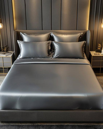 Grey Premium Satin Elastic Fitted Sheets with 2 Pillow Covers