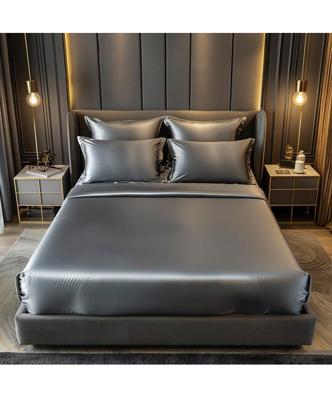 Grey Premium Satin Elastic Fitted Sheets with 2 Pillow Covers