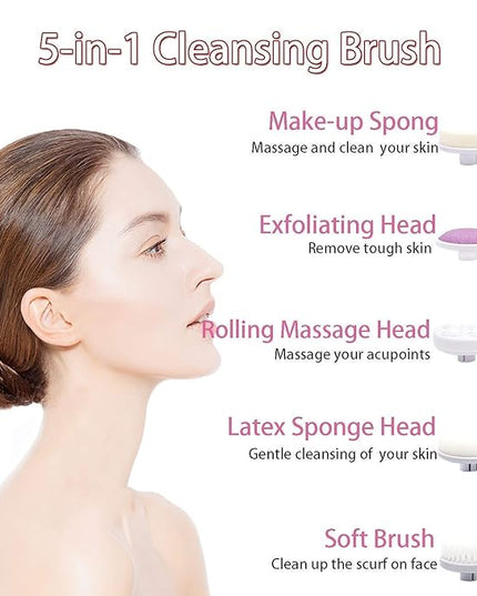 Facial Cleansing Brush 5 in 1 Portable Electric Facial Massager with 5 Spin Brush Heads for Acne, Blackheads, Dead Skin and All Skin Care and Acne Tool