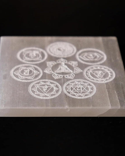The Spiritual Living Natural Selenite Charging Plate Ii Seven Chakra Symbols & Meditative State Charging Plate Ii Vastu Remedy Ii Healing Crystals for Charging Ii Home & Office Ii 3 Inch Approx