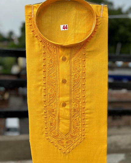 Cotton Embroidered Kurta for Men (Yellow)