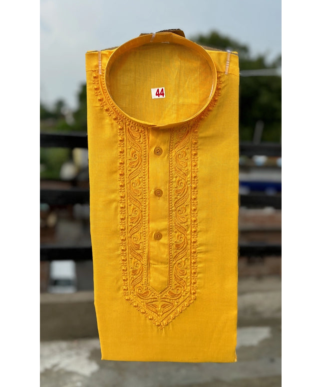 Cotton Embroidered Kurta for Men (Yellow)
