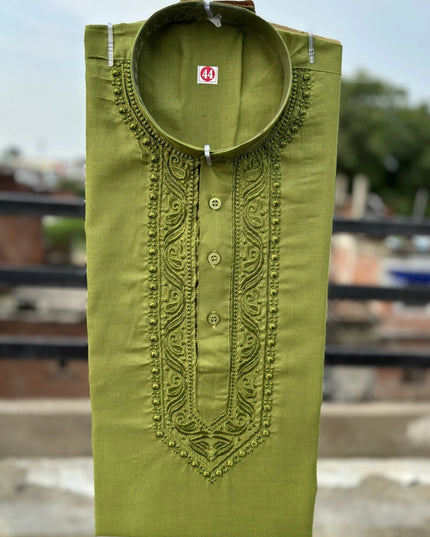Cotton Embroidered Kurta for Men (Green)