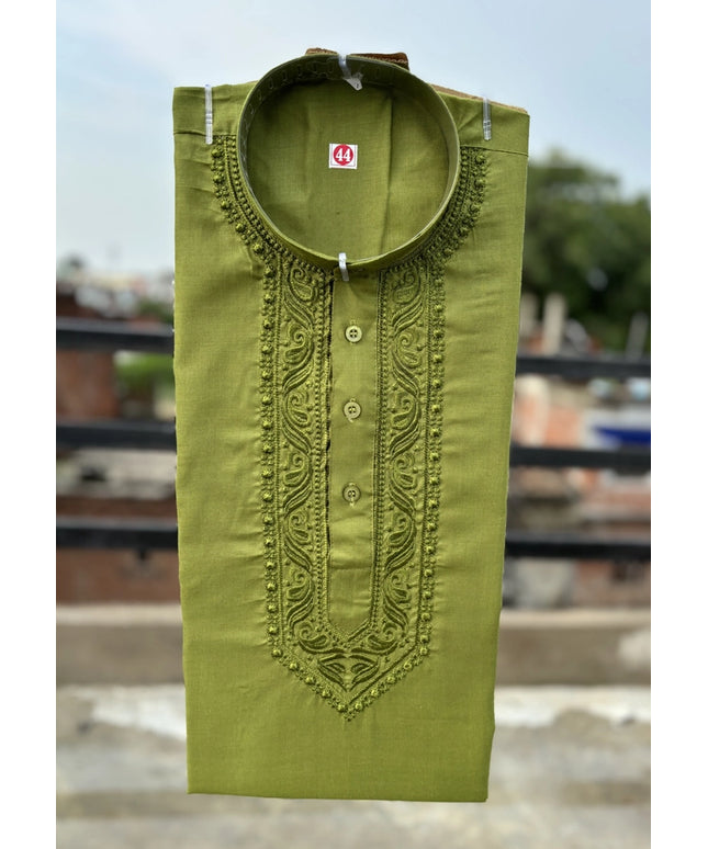 Cotton Embroidered Kurta for Men (Green)