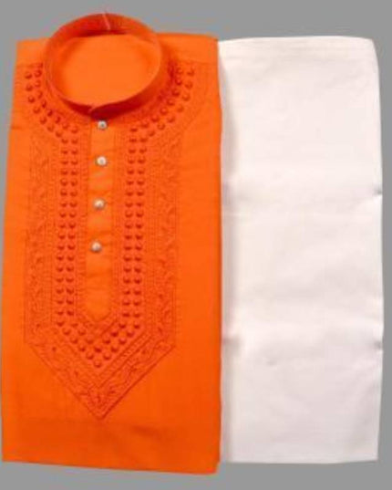 Cotton Embroidered Kurta with Pyjama for Men (Orange & White)