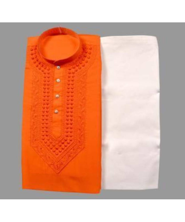 Cotton Embroidered Kurta with Pyjama for Men (Orange & White)