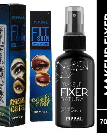 Pippal Long Lasting Natural Makeup Fixer Spray Primer - 80ml (Transparent) Pack of 1 with Fit Skin Supar Black Eyeliner And Mascara