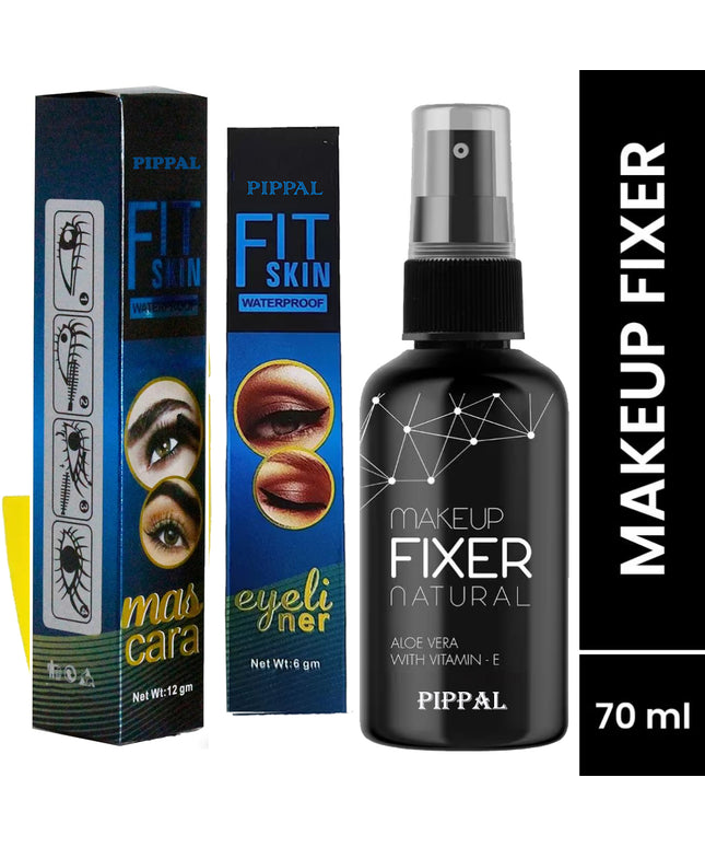 Pippal Long Lasting Natural Makeup Fixer Spray Primer - 80ml (Transparent) Pack of 1 with Fit Skin Supar Black Eyeliner And Mascara