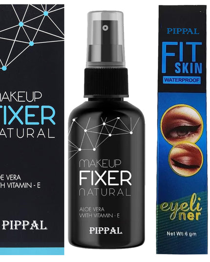 Pippal Beauty Makeup Fixer Natural Dewy Finish with Vitamin E And Aloe Vera Long-Lasting Spray 80ml (Pack of 1) with Fit Skin Supar Black Eyeliner
