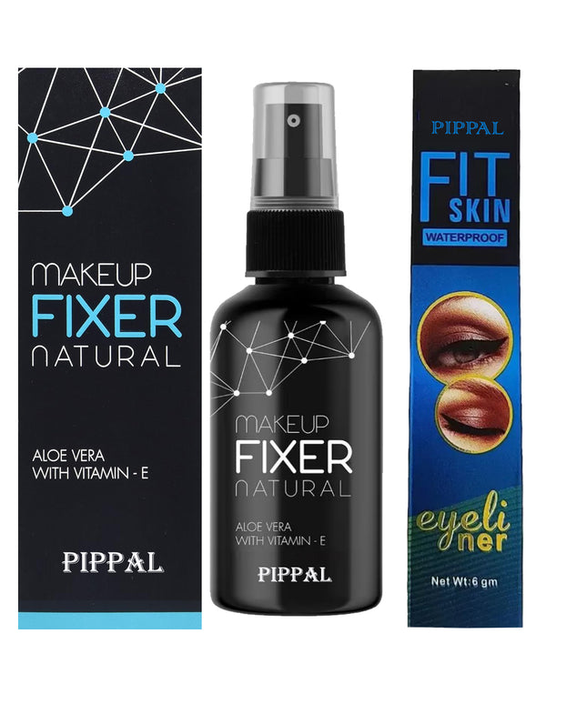 Pippal Beauty Makeup Fixer Natural Dewy Finish with Vitamin E And Aloe Vera Long-Lasting Spray 80ml (Pack of 1) with Fit Skin Supar Black Eyeliner