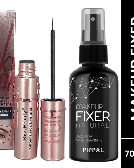 Pippal Beauty Makeup Fixer Natural Dewy Finish with Vitamin E And Aloe Vera Long-Lasting Hydrating & Refreshing Setting Spray 80ml (Pack of 1) with Sky High Supar Black Eyeliner
