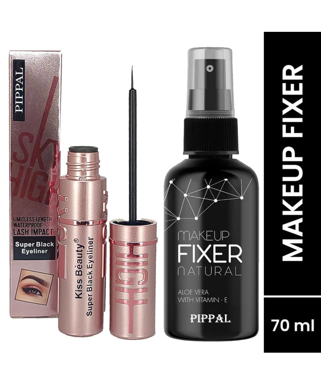 Pippal Beauty Makeup Fixer Natural Dewy Finish with Vitamin E And Aloe Vera Long-Lasting Hydrating & Refreshing Setting Spray 80ml (Pack of 1) with Sky High Supar Black Eyeliner