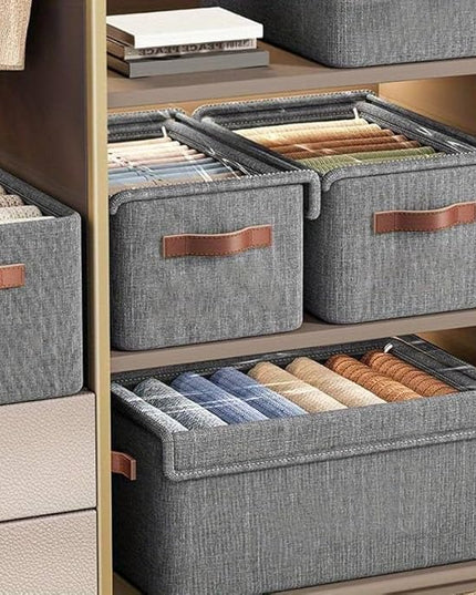 Folding Storage Boxes with Lid, Large Clear Collapsible Stackable Storage Boxes Foldable Fabric Linen Storage Box Cubes, Closet Organizer Baskets with Labels for Home