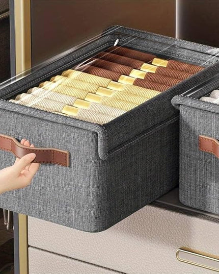 Folding Storage Boxes with Lid, Large Clear Collapsible Stackable Storage Boxes Foldable Fabric Linen Storage Box Cubes, Closet Organizer Baskets with Labels for Home