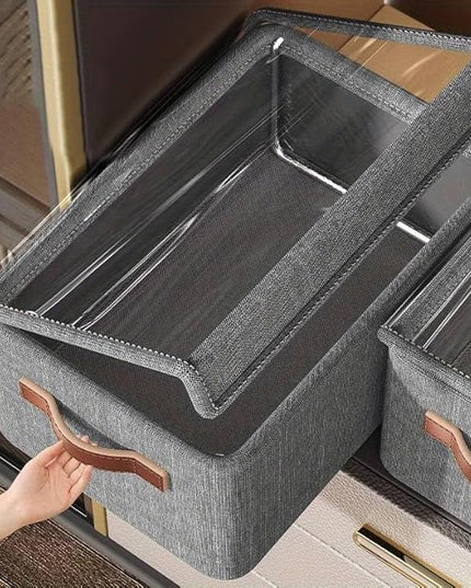 Folding Storage Boxes with Lid, Large Clear Collapsible Stackable Storage Boxes Foldable Fabric Linen Storage Box Cubes, Closet Organizer Baskets with Labels for Home