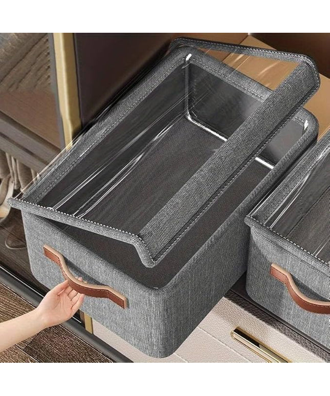 Folding Storage Boxes with Lid, Large Clear Collapsible Stackable Storage Boxes Foldable Fabric Linen Storage Box Cubes, Closet Organizer Baskets with Labels for Home