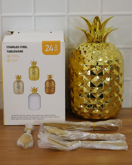 Stainless Steel Golden Cutlery Set With Pineapple Storage Stand (24 Pc Set)