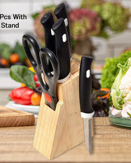 Kitchen Knife Set With Wooden Block And Scissors (5 Pcs Black)