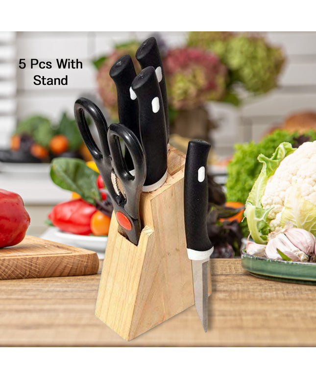 Kitchen Knife Set With Wooden Block And Scissors (5 Pcs Black)