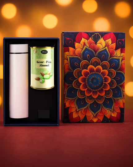 Effete Kesar Pista Almonds Gift Hamper Golden With Bottle (2 Pc Set)