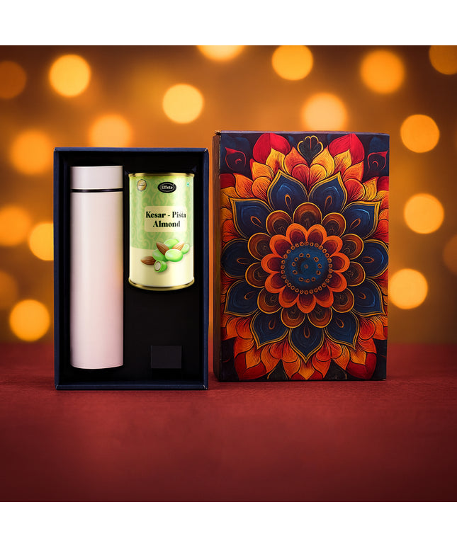 Effete Kesar Pista Almonds Gift Hamper Golden With Bottle (2 Pc Set)
