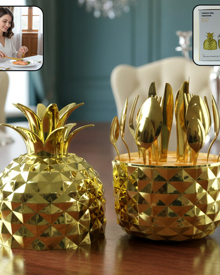 Stainless Steel Golden Cutlery Set With Pineapple Storage Stand (24 Pc Set)