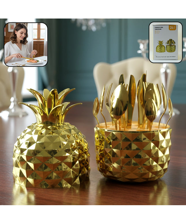 Stainless Steel Golden Cutlery Set With Pineapple Storage Stand (24 Pc Set)