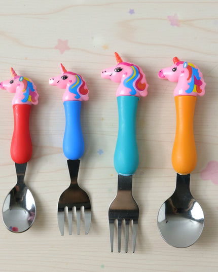 Unicorn Theme Kids Spoon And Fork With Plastic Handle Set (4 Pc Set)