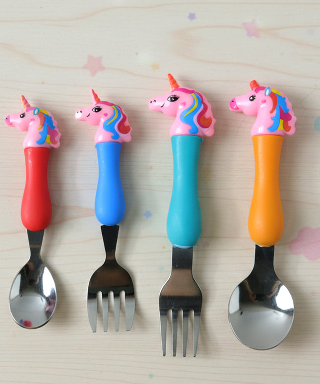 Unicorn Theme Kids Spoon And Fork With Plastic Handle Set (4 Pc Set)