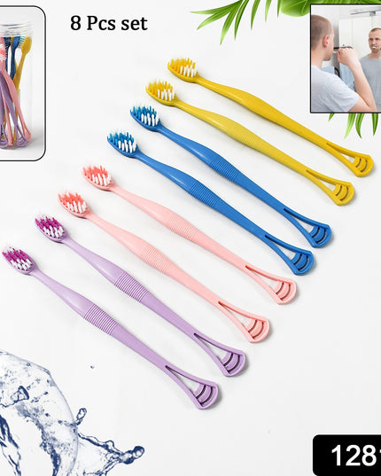 12814 2-in-1 Tooth Brush With Tongue Scraper Soft Bristle  Long Handle (8pcs) Soft Toothbrush