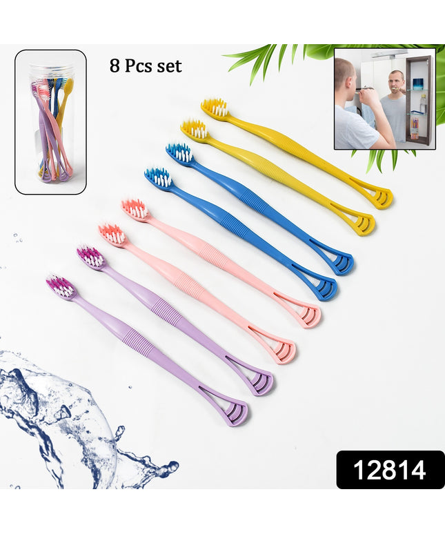 12814 2-in-1 Tooth Brush With Tongue Scraper Soft Bristle  Long Handle (8pcs) Soft Toothbrush