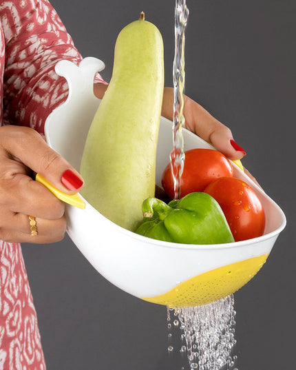 Plastic Rice Pulses Fruits Vegetable Noodles Pasta Washing Bowl And Strainer (2 Pc)