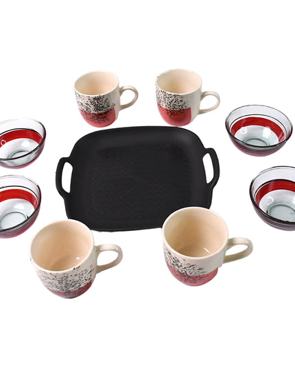 Healthy Choice Set Of 4pc Ceramic Cup And 4pc Glass Bowl With Plastic Plate (9 Pcs Set)