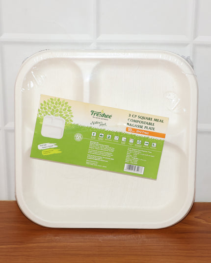 Compostable Bagasse 3-compartment Square Meal Plate