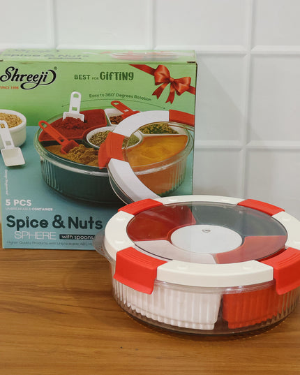 Plastic 5 Compartment Spice Storage Box With Spoons