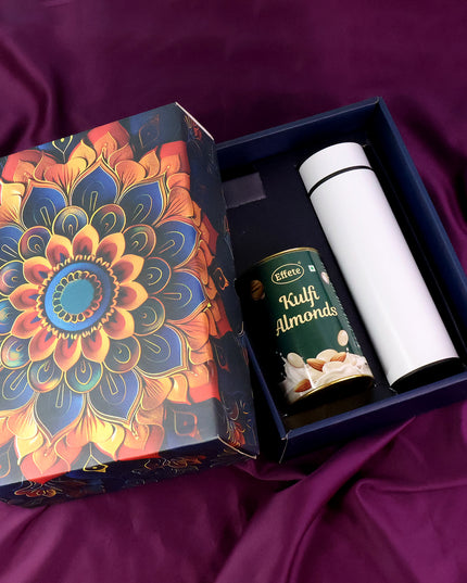 Effete Kulfi Almonds Gift Hamper Golden With Bottle (2 Pc Set)