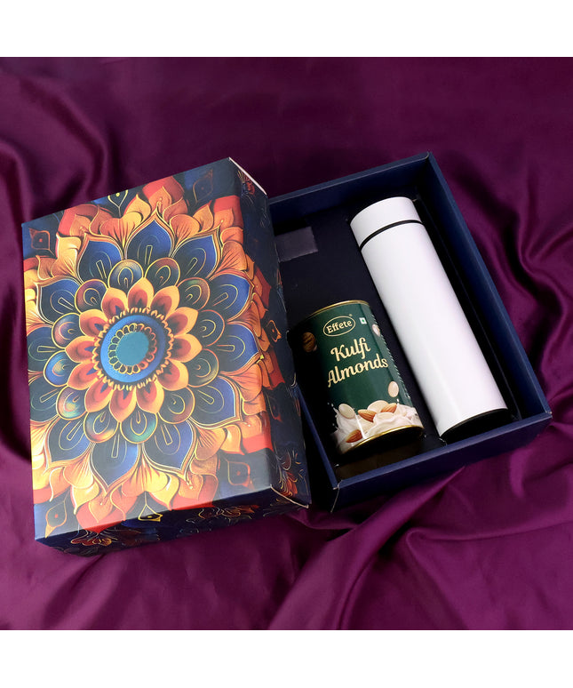 Effete Kulfi Almonds Gift Hamper Golden With Bottle (2 Pc Set)
