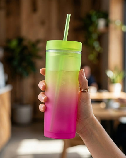 Gradient Plastic Drinking Tumbler Cup With Lid And Straw 400 Ml Approx