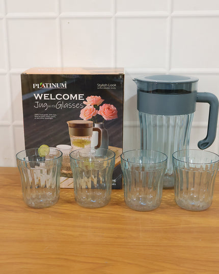 Multipurpose Plastic Water Juice Serving Jug With 4 Drinking Glasses Set (1 Set)