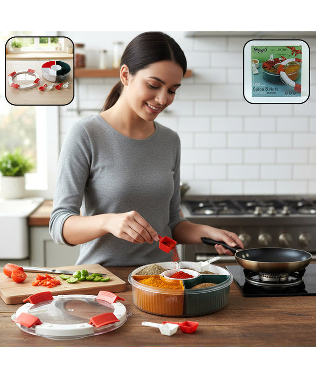 Plastic 5 Compartment Spice Storage Box With Spoons