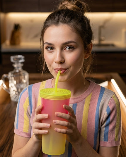 Gradient Plastic Drinking Tumbler Cup With Lid And Straw 400 Ml Approx