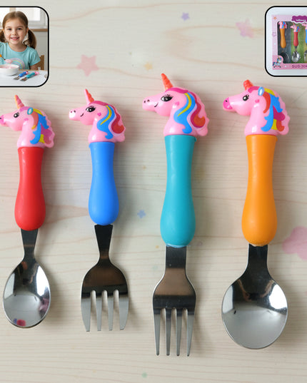 Unicorn Theme Kids Spoon And Fork With Plastic Handle Set (4 Pc Set)