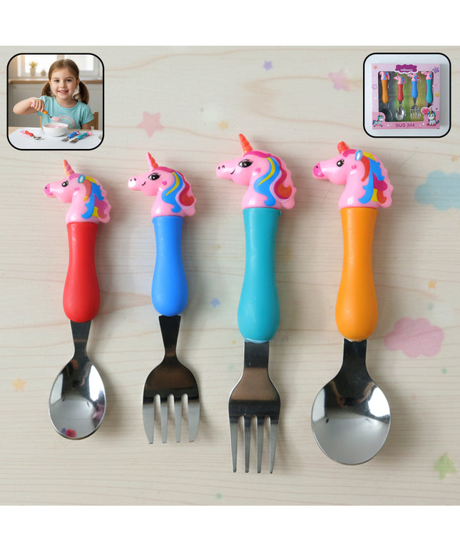 Unicorn Theme Kids Spoon And Fork With Plastic Handle Set (4 Pc Set)