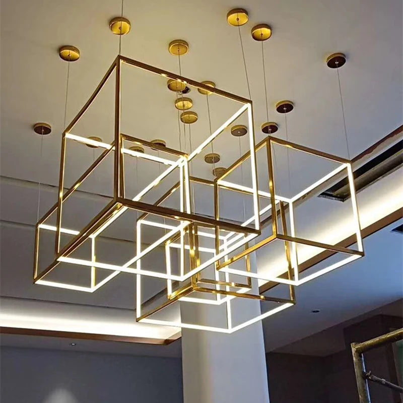 Modern square led chandelier art design postmodern luxury golden light Indoor Living Room Decor Lobby suspension chandelier