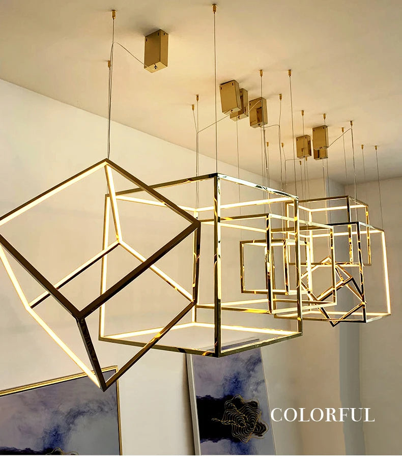 Modern square led chandelier art design postmodern luxury golden light Indoor Living Room Decor Lobby suspension chandelier