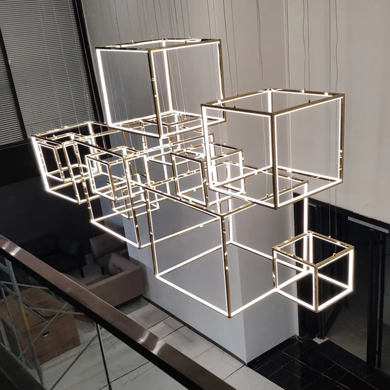 Modern square led chandelier art design postmodern luxury golden light Indoor Living Room Decor Lobby suspension chandelier