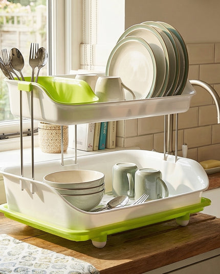 Prexo 2 Layer Kitchen Dish Drying Rack With Drain Tray (1 Set)